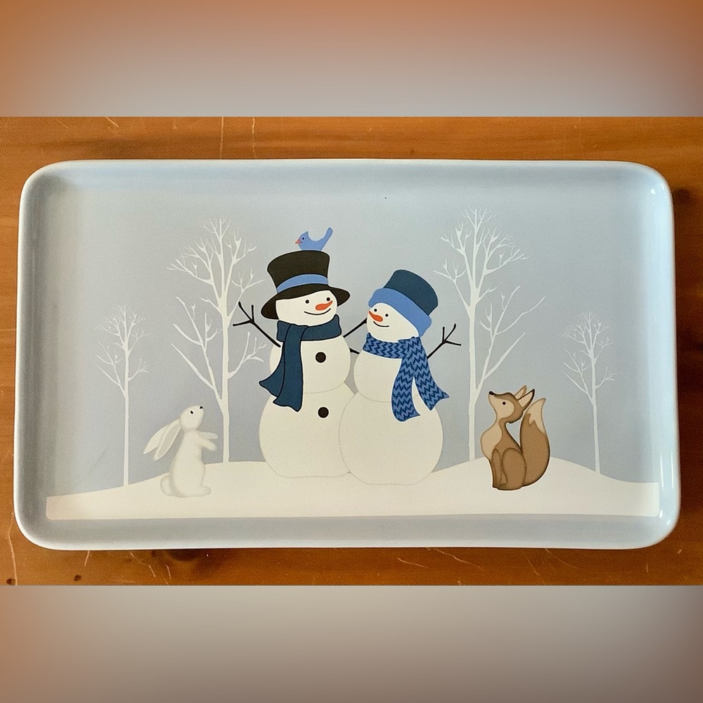 Christmas Snowmen Light Blue Ceramic Tray